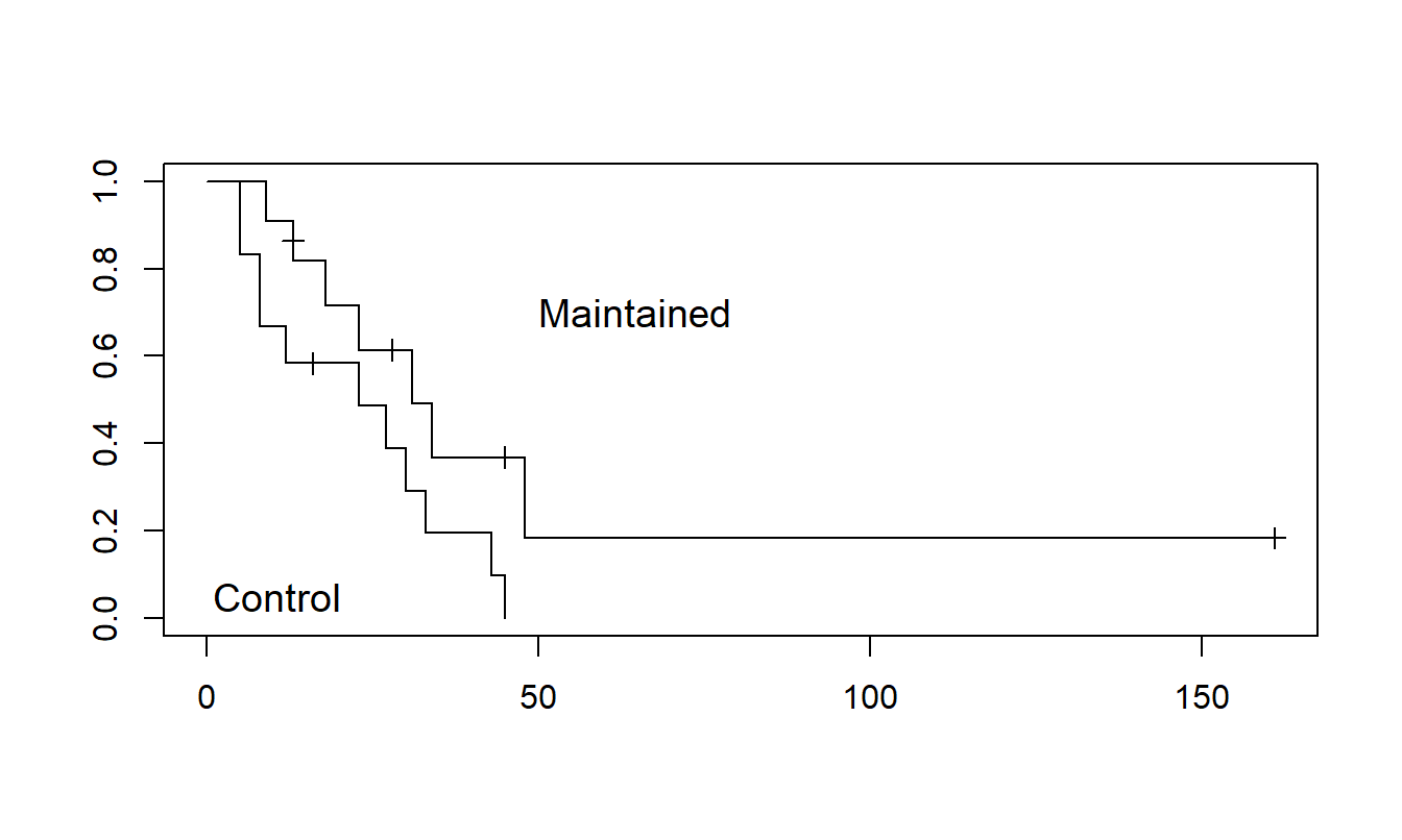 Product-Limit Estimate of the Survival Functions for Two Groups. This graph shows that those with maintained chemotherapy treatment have higher estimated survival probabilities than those in the control group.
